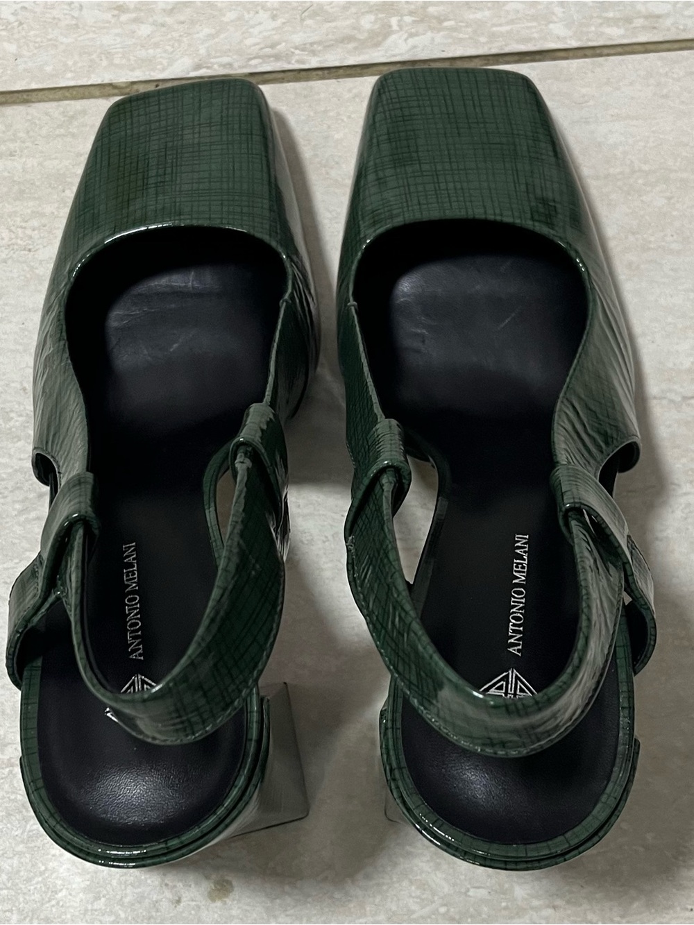 ANTONIO MELANI Dark Green Faux-Croc Square Toe Slingback Block Heels